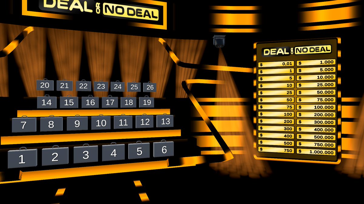 TrulyMostWanted's tweet photo. Do you remember this #gameshow? #dealornodeal! 26 #models with 26 #cases &amp; 26 #moneyvalues randomly placed in em! The #question is: Which #case has the million? Pick One!
A #wip #livestream #project :D 
#indiegamedev #gamedev #indiedev #unity3d #unityengine #blender3d #3dart #art https://t.co/4Yeay2k9Qt