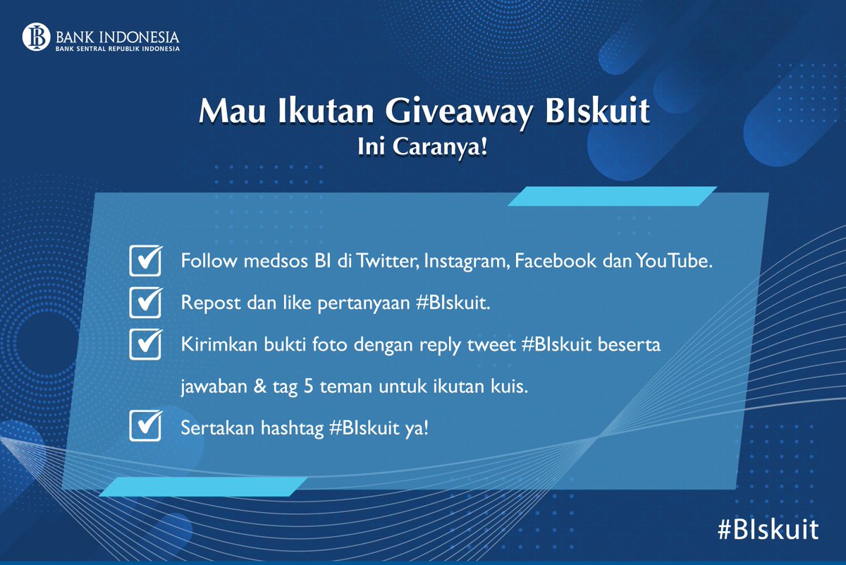 🗣️📢 #SobatRupiah, perhatian!
📩
🙋🎁 Mau hadiah dari BI? 🎁🙋‍♂️
📩
Yuk ikutan ▶️ #giveaway #BIskuit 😇
📩
Simak pertanyaannya pada visual dan temukan jawabannya di konten sebelumnya, hayooo cari ya!