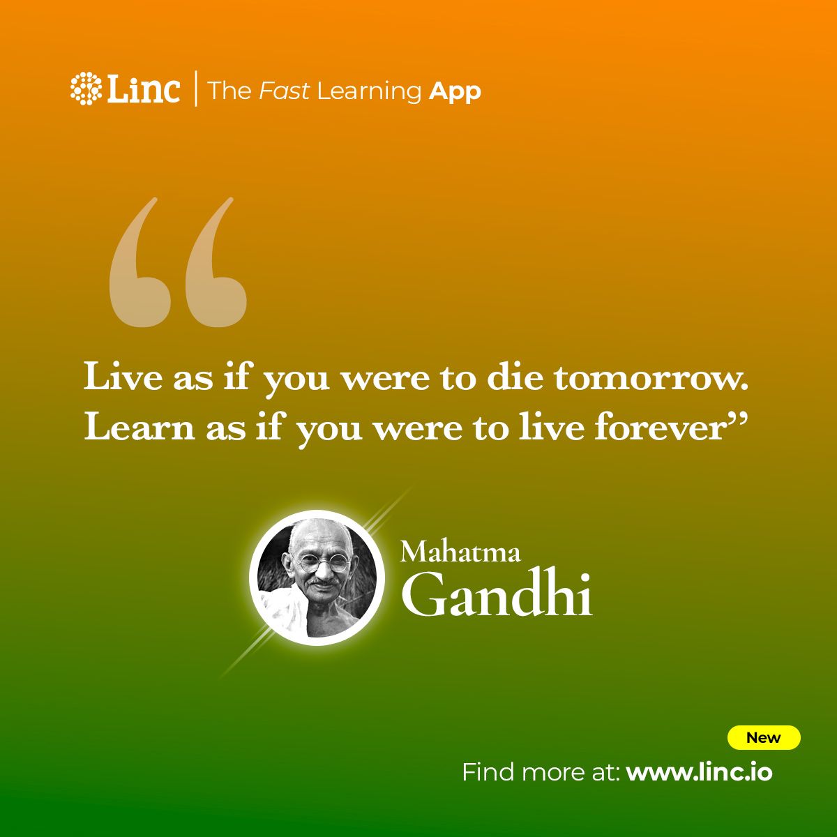 LincLearning's tweet photo. 👳‍♀️ 🇮🇳 ---Quote of the week --- 🇮🇳 👳‍♀️
"Live as if you were to die tomorrow. Learn as if you were to live forever"
— Mahatma Gandhi
#thefastlearningapp #Linc #educationalquotes #education #educational #mahatmagandhi 
More about our platform at https://t.co/EeOezuXsBU https://t.co/i75iMzdAG6