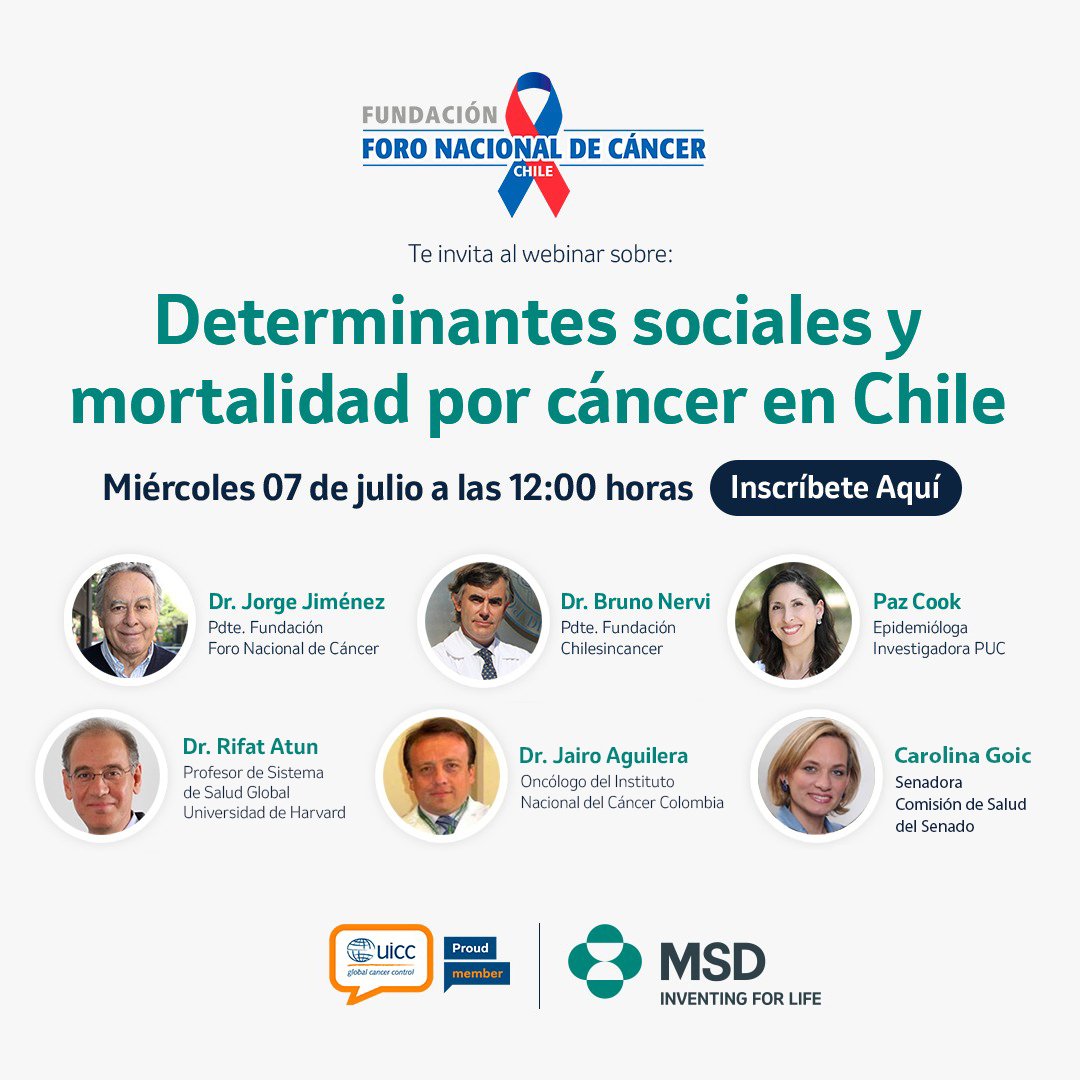 FNCChile's tweet photo. 📌T O D O S INVITADOS! a participar del conversatorio “Determinantes sociales y mortalidad por cáncer en Chile”, este miércoles 7 de julio a las 12:00 horas.
👉Regístrate gratis a través de este link: https://t.co/ddoCHJn9rA
#ForoNacionaldelCáncer #UICC #MSDChile #cáncer
@uicc https://t.co/30DSQqbfnj
