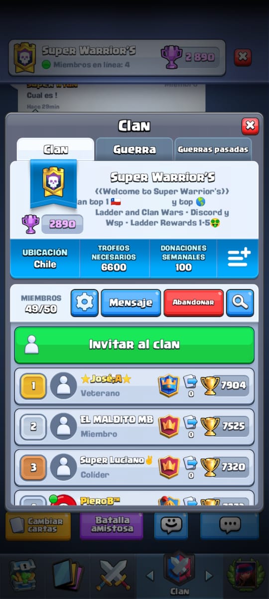 💥Premios Ladder Clan "Súper Warrior'S"💥
1er Lugar 35.000 CLP/ 48 USD
2do Lugar 20.000 CLP/ 27 USD 
3er Lugar 12.000 CLP/ 16 USD
4to Lugar 7.000 CLP/ 9 USD
5to Lugar 4.000 CLP/ 5 USD