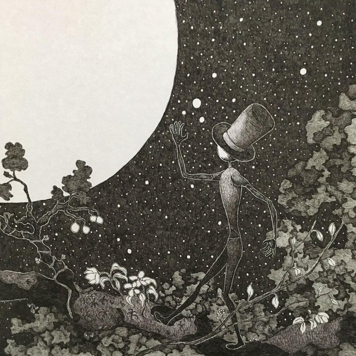 YoneNote's tweet photo. 夜の絵をよく描きます。
植物、動物、小人、虫、魚、水、風、煙、風船、建築、夜空などなど。
#ペン画　#風景画　#ファンタジー
 #ペン画を流してペン画民を増やそう　#絵描きさんと繋がりたい https://t.co/hwAAcwCS1c