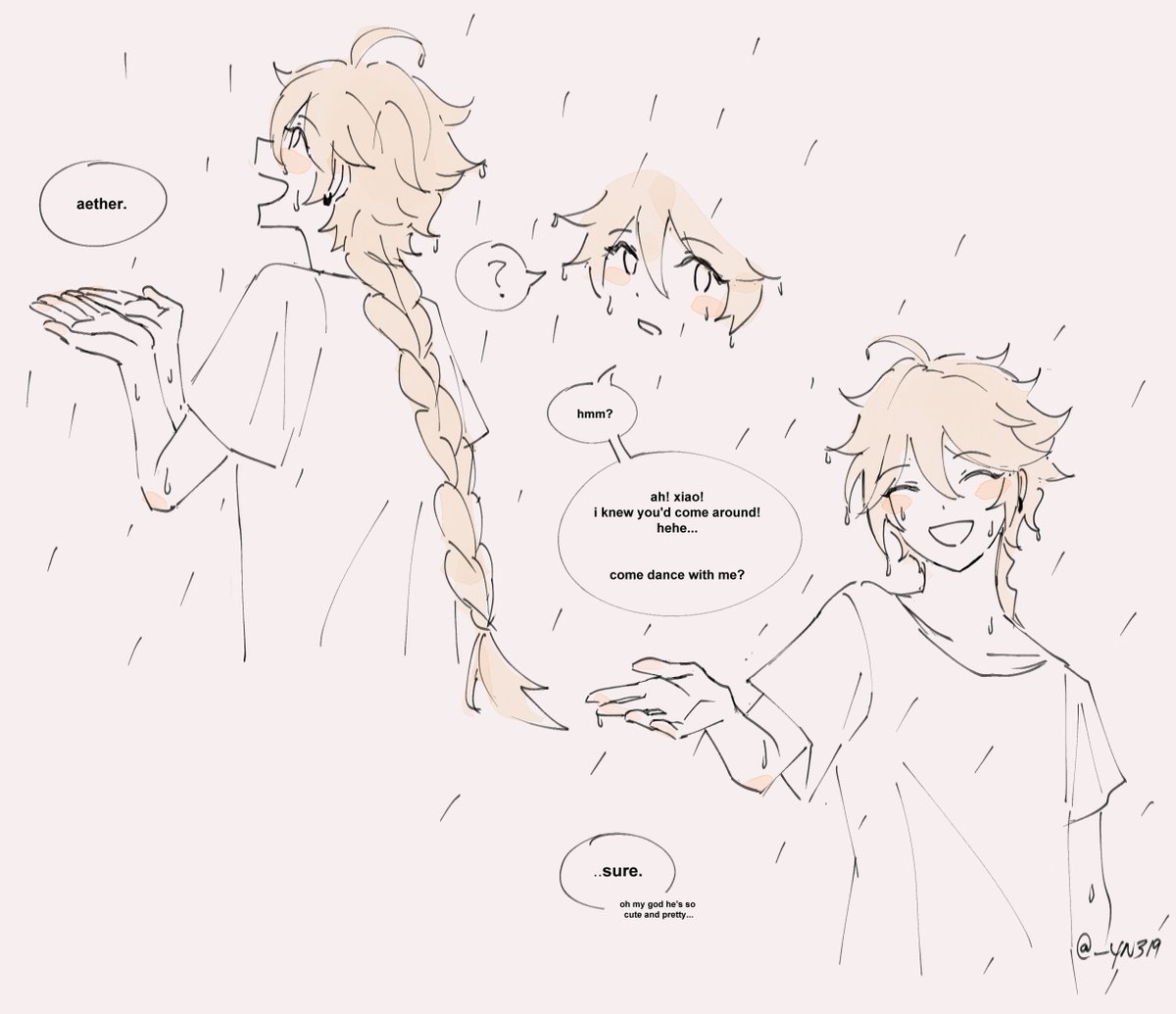 the skies dim and the heavens weep their tears of joy as we waltz aimlessly about, without a care in the world

#GenshinImpact  #原神 #xiao #aether #XiaoAether 