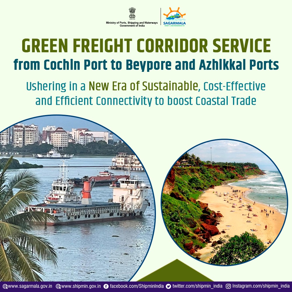 shipmin_india's tweet photo. Launch of Green Freight Corridor Service
from @Cochin_Port to Beypore &amp; Azhikkal Ports was an epoch-making moment in 🇮🇳 maritime sector

It would promote:
-Coastal Shipping of Containers with lower logistic cost
-Hinterland trade with enhanced connectivity
https://t.co/SVykKpZhxa https://t.co/Sb52l001Ux