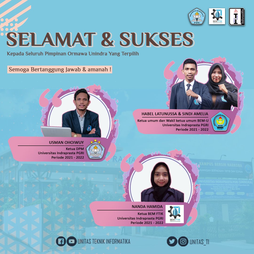 Selamat atas terpilihnya "Para Pimpinan Ormawa Unindra" 
Periode 2021-2022
#kbmunindra
#unindra
#unitasti
#teknikinformatika