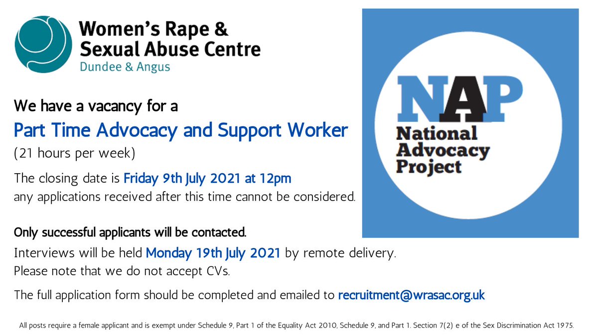 WRASAC's tweet photo. We're hiring! 

Women’s Advocacy &amp; Support Worker 21 hrs pw

The closing date is Friday 9th July 2021 at 12pm
Interviews will be held Monday 19th July 2021

https://t.co/ns2FSttGYL 

#Dundee #Angus #VAW #WRASAC21 

@DundeeCouncil 
@AngusCouncil https://t.co/7M3785ano0