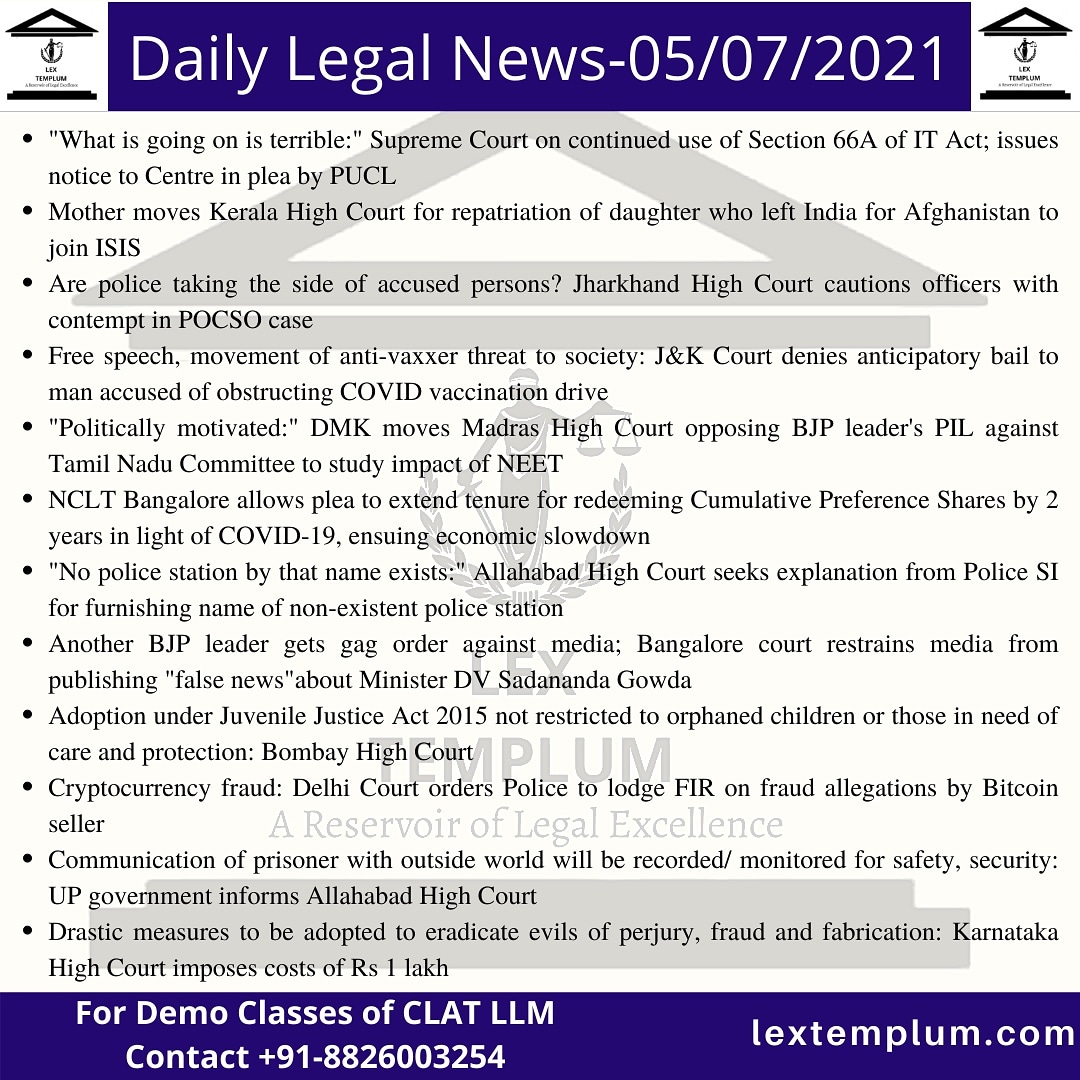 LexTemplum's tweet photo. Daily Legal News Update - 05/07/2021
#legalnews #lextemplum #clatcoaching #clatonlinecoaching #clatclasses #clat2021 #clat2022 #clatpreparation  #clataspirants #lawstudents #clat2021preparation #crackingclat #tipsforcrackingclat #preparedness #strategy #CLATPG2022 #clatllm2022 https://t.co/gM5EUMKmSP