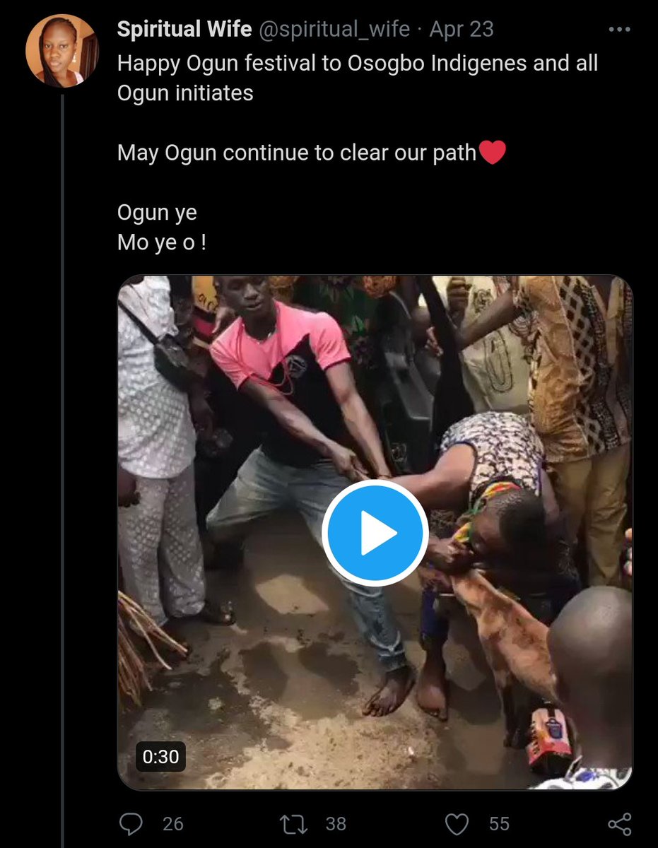 A group in #Nigeria has a holiday where they tear live dogs apart. She says "Happy " whatever day.  
They  seem to do animal sacrifices to some leader and Im not sure if it's working .