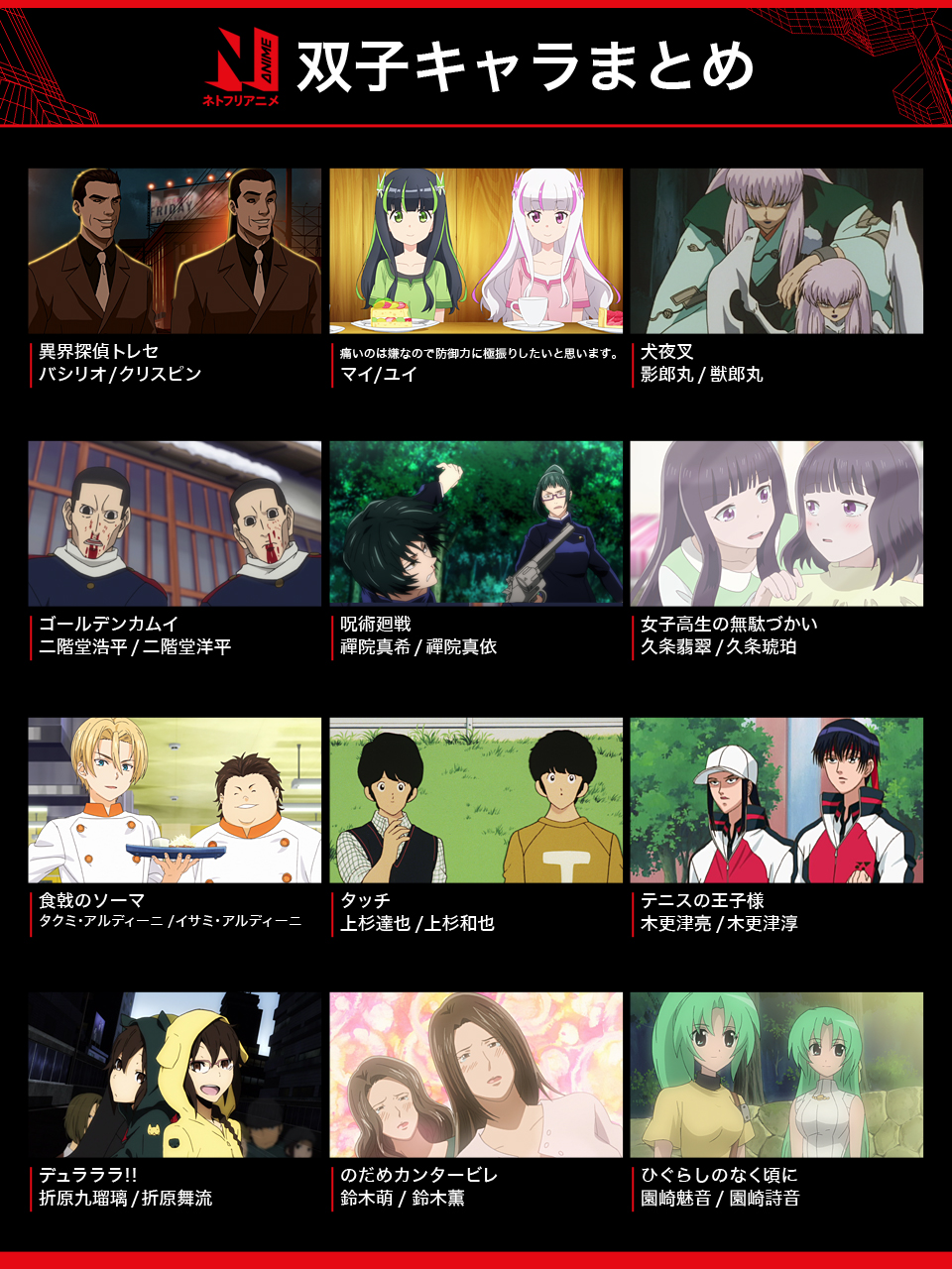 ট ইট র Netflix Japan Anime ネトフリ で配信中のアニメから 双子キャラを集めてみた ゴールデンカムイ の二階堂兄弟や 呪術廻戦 の禪院姉妹をはじめ 個性的なキャラばかり お気に入りの双子を教えてください ネトフリアニメ T Co