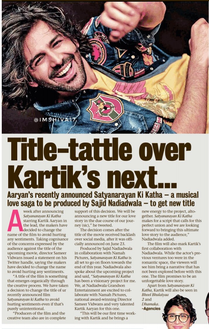Title of #KartikAaryan 's next 
to be changed to avoid 
'hurting sentiments'

Director #SameerVidwans
announced the film will no longer 
be called #SatyaNarayanKiKatha

@TheAaryanKartik @sameervidwans