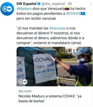 arbork's tweet photo. Por qué el #mecanismoCOVAX (@opsoms) no ha enviado las dosis de vacunas solicitadas y #pagadas por #Venezuela hasta ahora? Es un mecanismo equitativo o sólo responde al #dedo de @JoeBiden? Si no han de enviar las dosis, devolverán el dinero pagado por @NicolasMaduro? https://t.co/znCBjq3bll
