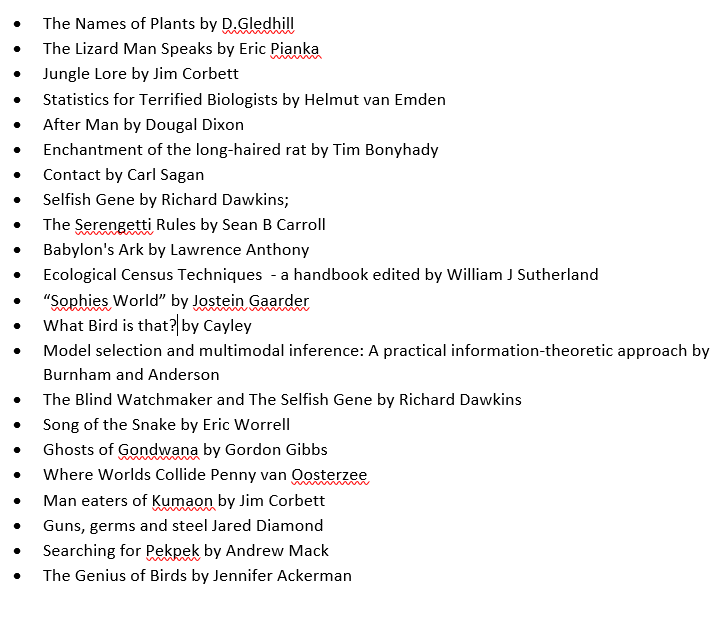 Our lab member's top books (at least tangentially related to science) shared in the lab meeting today #ecology #zoology #conservation <a href="/ericjnordberg/">Dr Eric Nordberg 🦎🌳</a> @KarlVernes