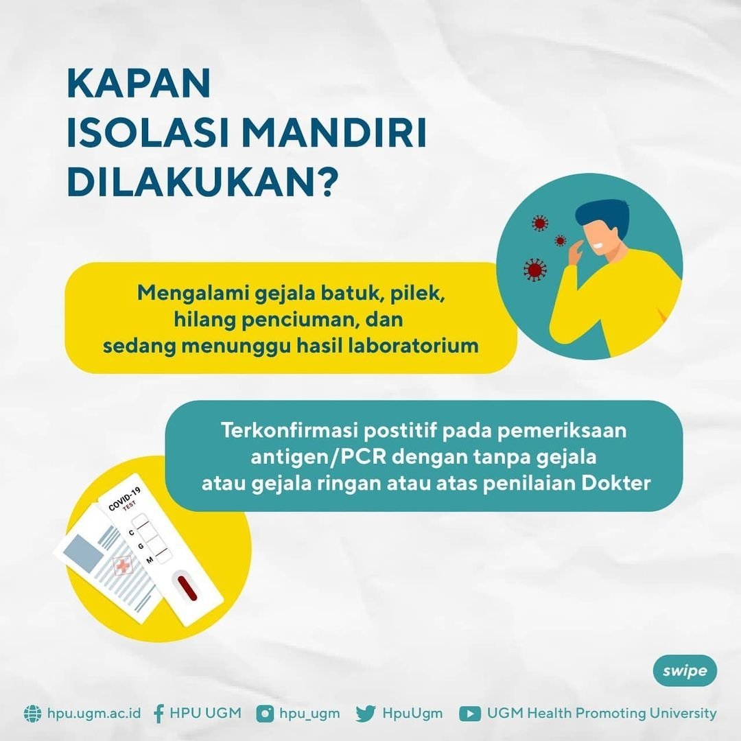 fkkmkugm's tweet photo. Hari-hari makin banyak yang perlu melakukan isolasi mandiri. Berapa lama ya isoman dilakukan, dan siapa saja yang perlu isoman?

Reposted from @hpu_ugm 
Salam sehat

#isoman
#staysafe #stayhealthy
#ppkmdarurat
#hpuugm #ugmsehat #ugmsehatjiwa #healthpromotinguniversity #fkkmkugm https://t.co/yUGBJvUtVI