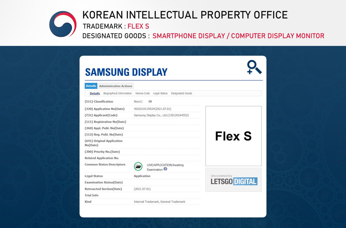 TechKard's tweet photo. So @Samsung Display files trademark for:
🔹Flex S
🔹S Flex
🔹Flex B
Via @letsgodigitalNL
https://t.co/SAGay5sNfP
#Samsung #SamsungFlexS #SamsungSFlex #FlexB https://t.co/rXJLBluPwj