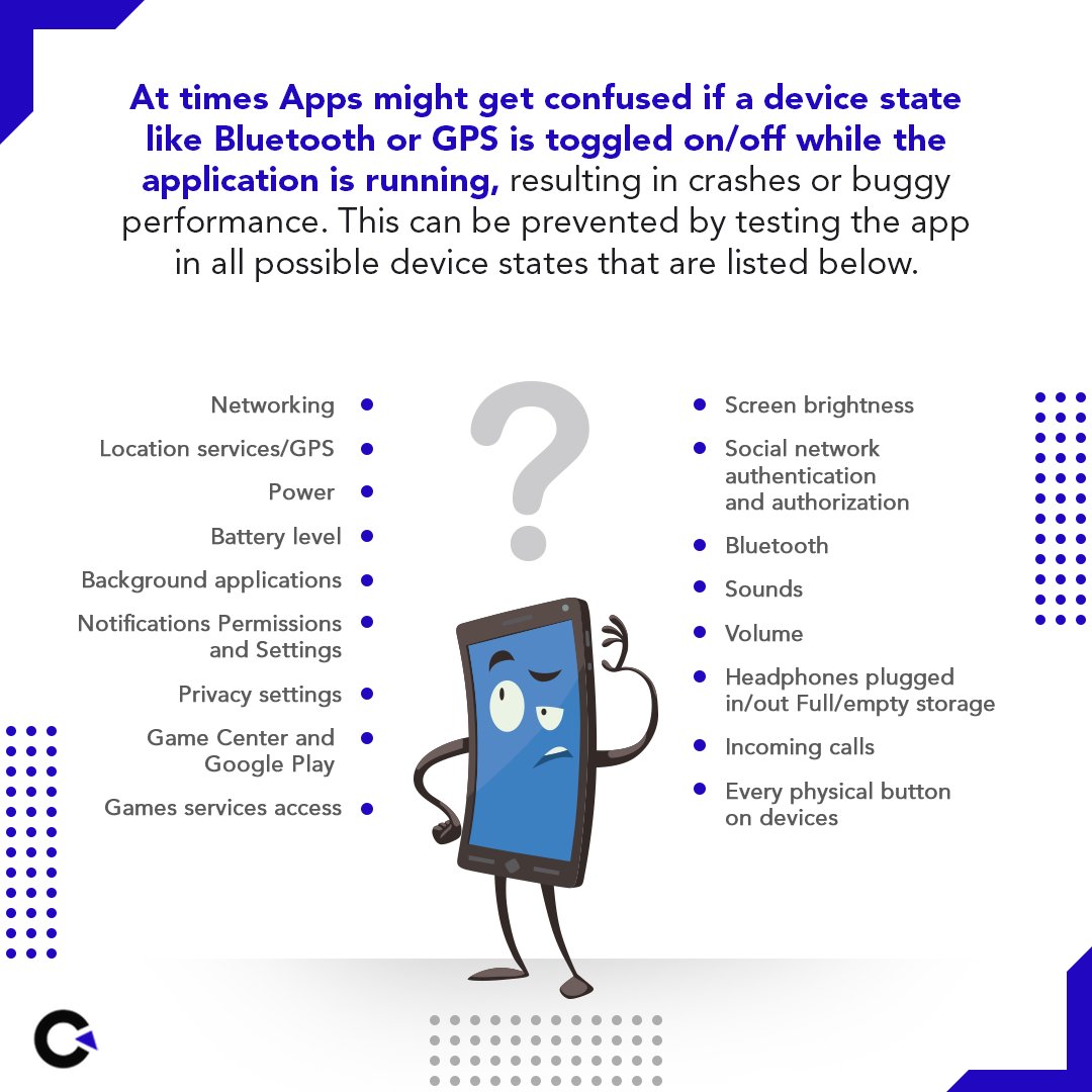 codoid's tweet image. At times Apps might get confused if a device state like Bluetooth or GPS is toggled on/off while the application is running, resulting in crashes or buggy performance.

#codoid #qacompany #mobileapptestingservices #mobileapptesting #softwaretesting #automation #qualityassurance