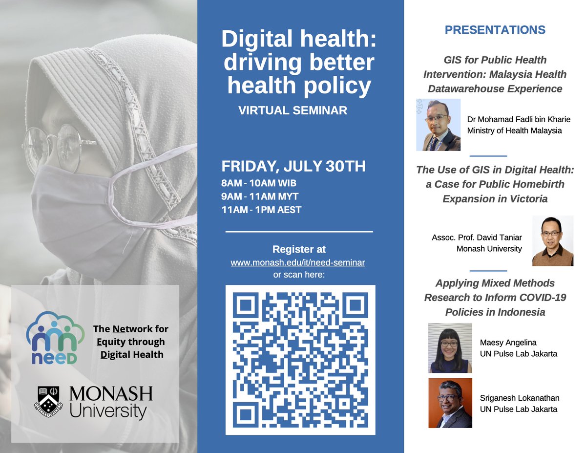Please join us for our upcoming NEED Seminar on 30 July, focused on how #digitalhealth can help inform better health policy. Our speakers will share experiences from Malaysia, Indonesia and Australia. Please register with the QR code below!