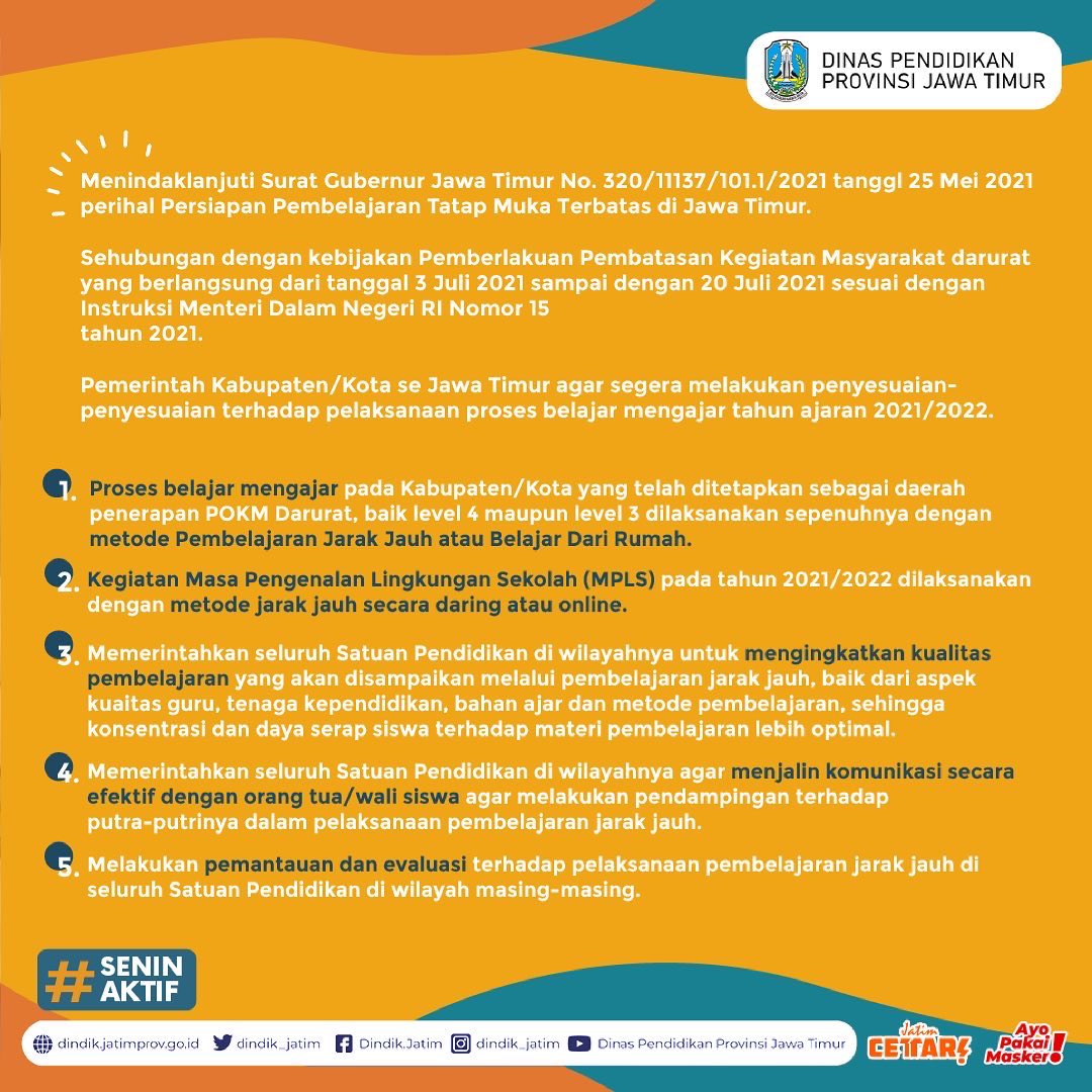 Dindik_Jatim's tweet photo. PPKM Darurat yang dibuat oleh Pemerintah membuat proses pembelajaran mengalami beberapa penyesuaian. Simak beberapa penyesuaian untuk kegiatan belajar mengajar sesuai dengan Surat Gubernur Jawa Timur No 320/11137/101.1/2021

cq : @KhofifahIP  @emildardak https://t.co/zMmY6vqgXr