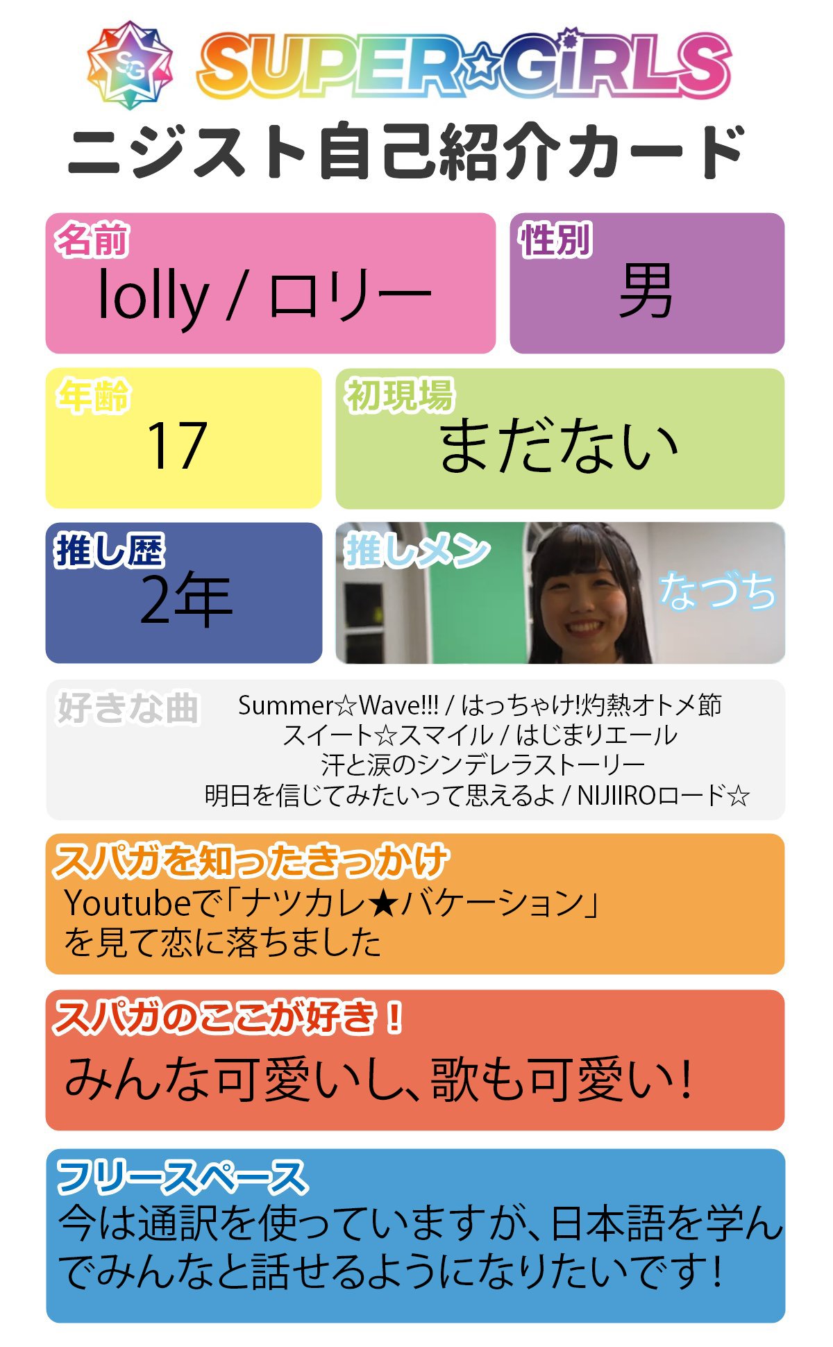 Lolly 私の名前は Lolly です アメリカ生まれの中国人外国人 ちかぴ なづち フォトショップのアマチュア 仲良くしましょう スパガ ニジストさんと繋がりたい ニジスト自己紹介カード T Co Ekzgb5sp0p Twitter