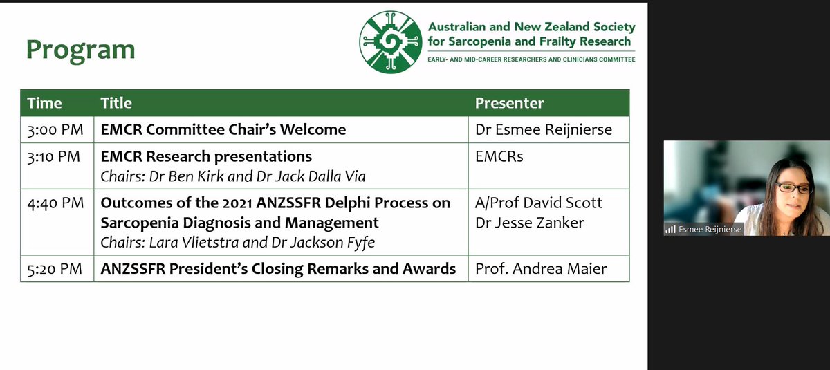 ANZSSFR (@anzssfr) on Twitter photo The World Sarcopenia Day online symposium is underway!
EMCR Committee Chair <a href="/EsmeeReijnierse/">Esmee M. Reijnierse</a> welcomes our attendees! The World Sarcopenia Day online symposium is underway!
EMCR Committee Chair <a href="/EsmeeReijnierse/">Esmee M. Reijnierse</a> welcomes our attendees!