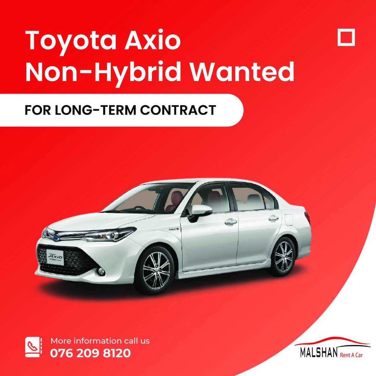 MalshanCar's tweet photo. Toyota Axio Non-Hybrid Car Wanted
We are looking Toyota Axio Non-Hybrid for long-term contract period
Contact us - 076 209 8120 / 076 211 5989
Web - https://t.co/7BCPuMYdnK
#car #suzuki #WagonR  #rent #WANTED https://t.co/p2MU3X1aac