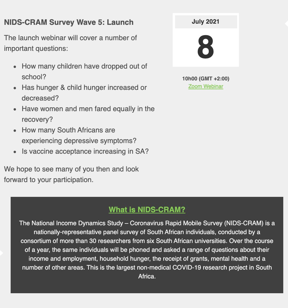 This week Thursday (8 July, 10am) we will be launching our latest (and last) Wave 5 of the <a href="/NIDS_CRAM/">NIDS-CRAM</a> survey. Register here: us02web.zoom.us/webinar/regist…