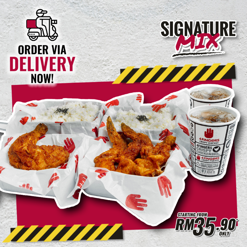 4FingersMY's tweet photo. When your cravings are stronger than your Wifi... Jom, order 4Fingers Signature Mix Combo today! Pick your size from regular to family combo and get saucy! Available for takeaway &amp; delivery. 

📍4Fingers Outlets: https://t.co/VFf1f4Z8rI

#Tapau4Fingers #youpick #signaturemix