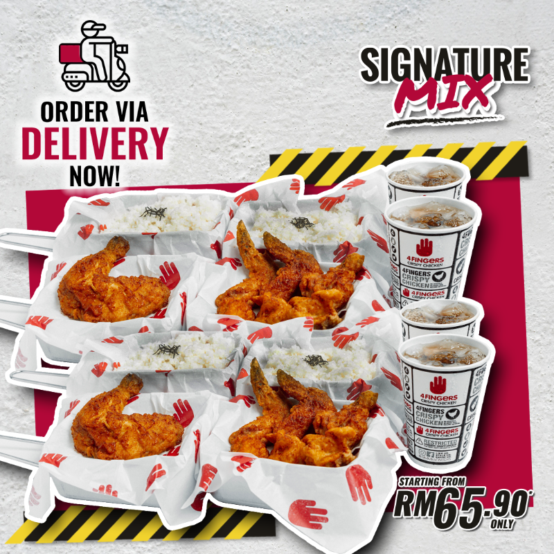 4FingersMY's tweet photo. When your cravings are stronger than your Wifi... Jom, order 4Fingers Signature Mix Combo today! Pick your size from regular to family combo and get saucy! Available for takeaway &amp; delivery. 

📍4Fingers Outlets: https://t.co/VFf1f4Z8rI

#Tapau4Fingers #youpick #signaturemix
