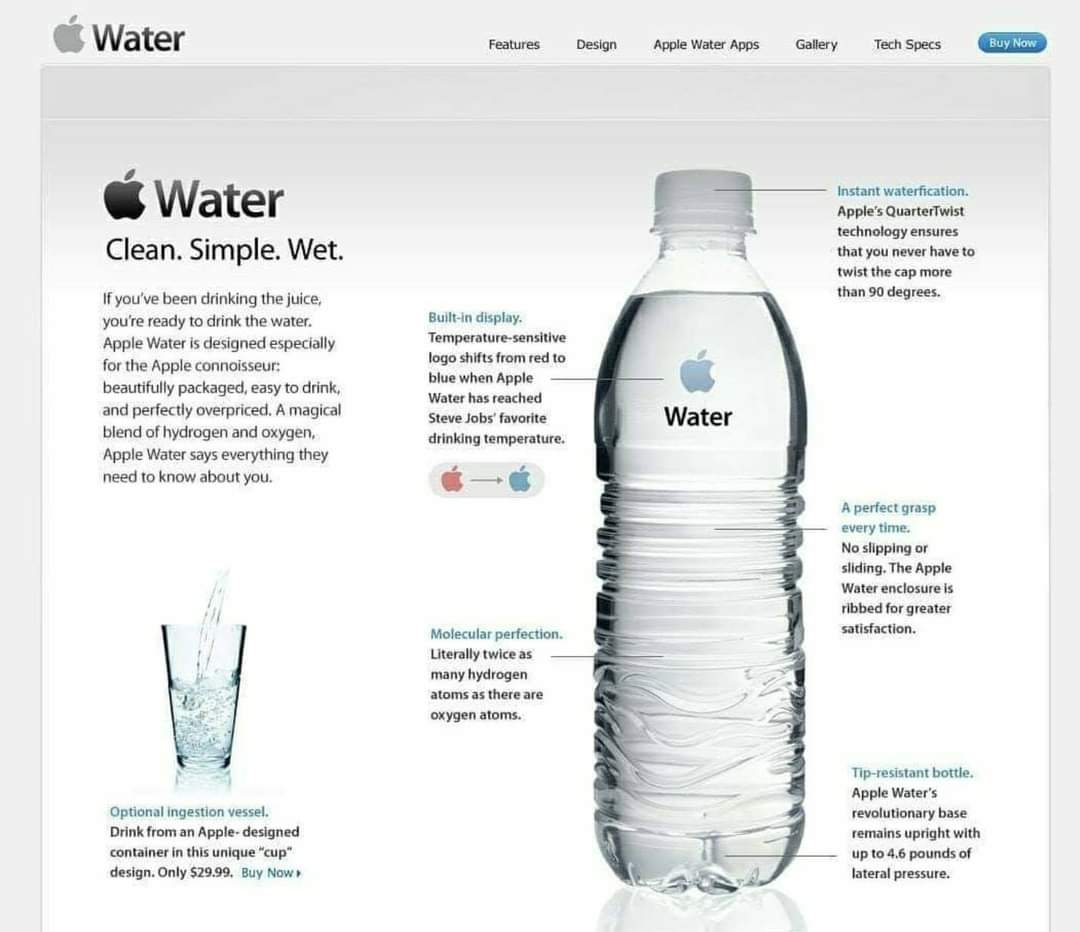 HelloDelwar's tweet photo. 🤔 If Apple sold water. 'Literally twice as many hydrogen atoms, as there are oxygen atoms'.

Courtesy - @madovermarketin
#Apple #branding101 # #marketing https://t.co/Z3dHOcvsap
