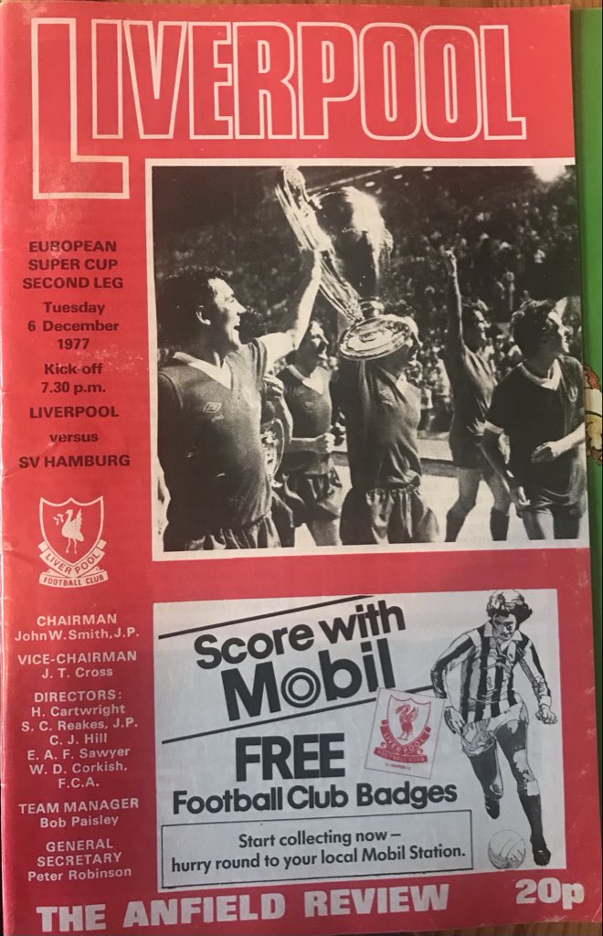 ClasicProgramme's tweet image. 6 Dec 1977 Anfield
Liverpool 6-0 SV Hamburg
European Super Cup Final 2nd Leg (7-1 on aggregate)
Attendance: 34,931
Goals:
Phil Thompson 21’, Terry McDermott 40’ 55’ 56’, David Fairclough 86’, Kenny Dalglish 88’.