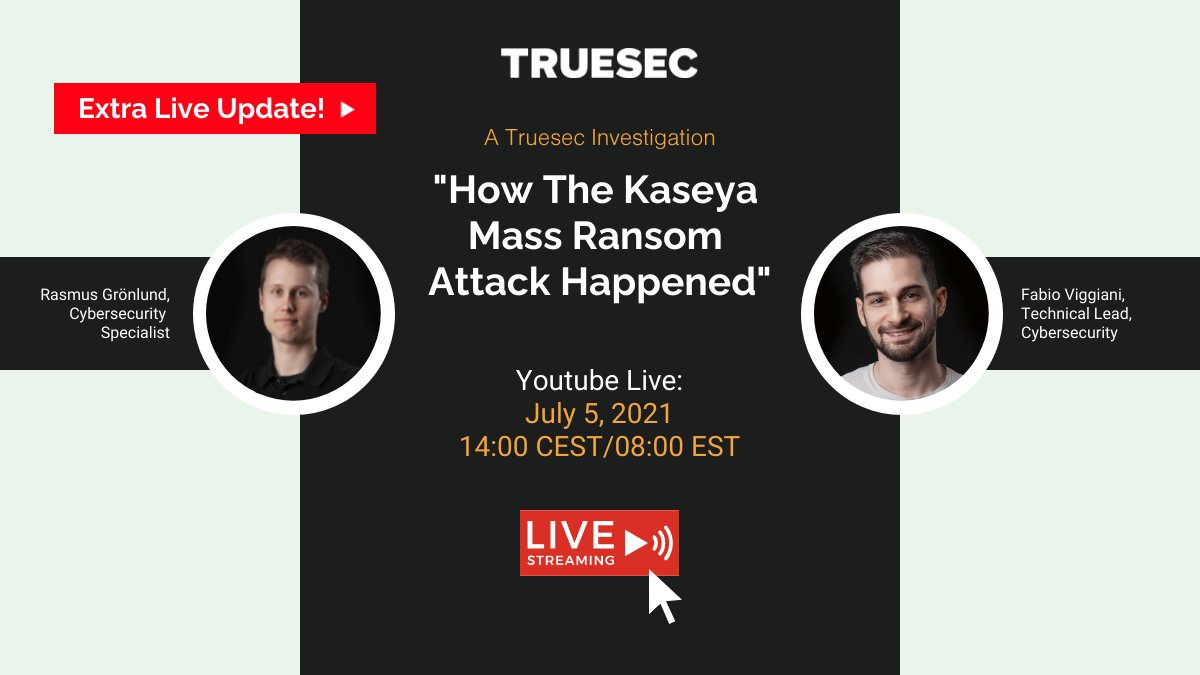 Only minutes left to our Live Update about the Kaseya mass ransom attack. Tune in on our Youtube and hit us with questions! We go live at 14:00 CEST/08:00 EST: youtube.com/watch?v=kKcko4…

#truesec #kaseyaVSA #REvil #Ransomware