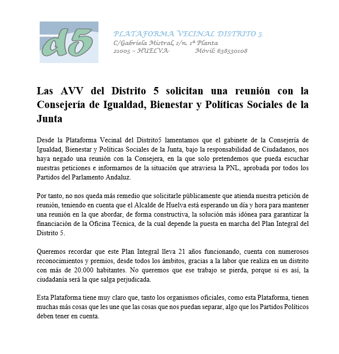 Vecinal5's tweet photo. 🏠 Las AVV del Distrito 5 hemos solicitado una reunión con la Consejería de Igualdad de la @AndaluciaJunta, sin que el gabinete nos haya dado aún una respuesta.

El @AytoHuelva ya ha mostrado su voluntad. Ahora solo queda que deis el paso.

¡gracias por vuestra atención! 👋 https://t.co/ujeGJiQzTa