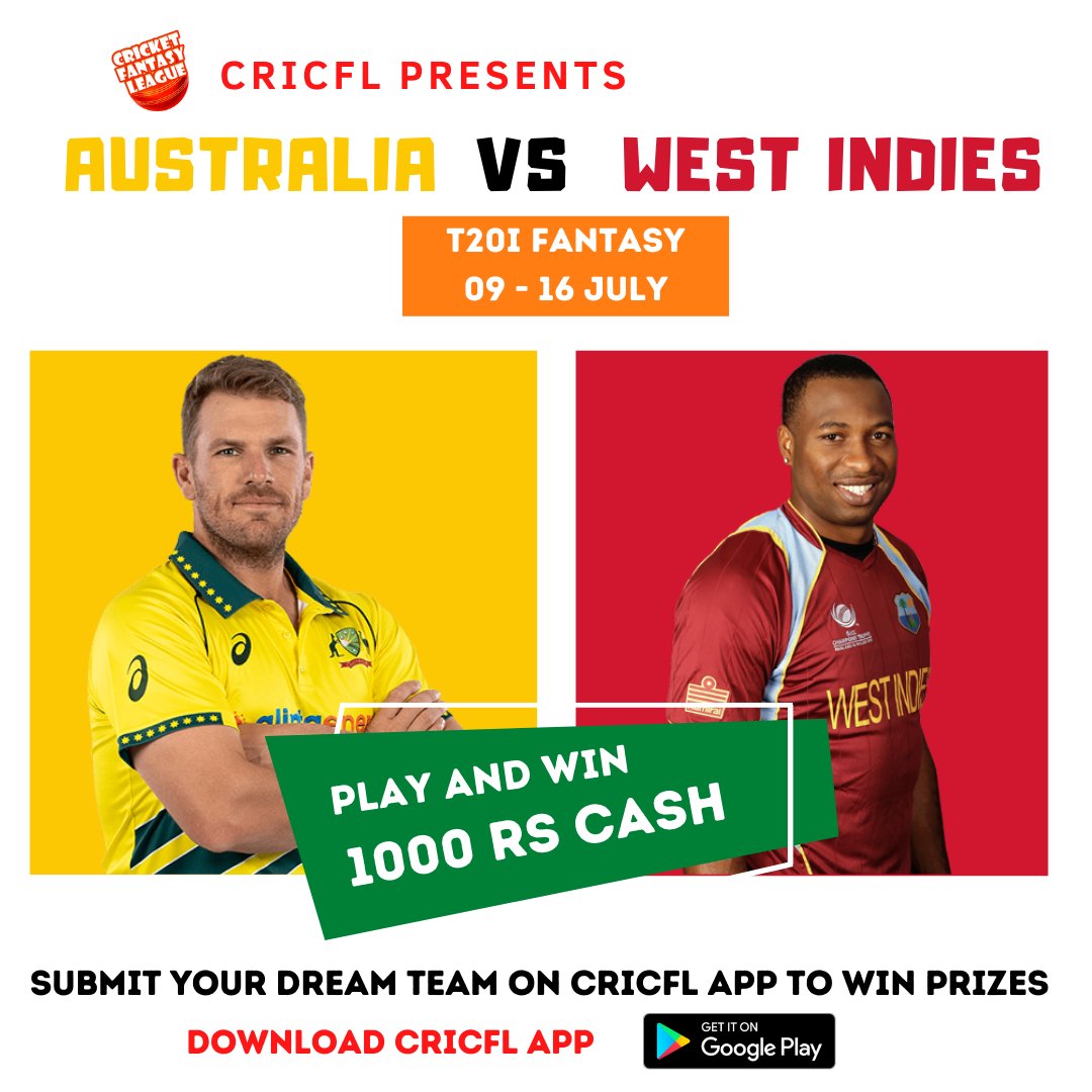 CricFLcom's tweet photo. Play and win Cash prizes 😍
Download App: https://t.co/fgd4zFRTu8

Australia vs West Indies T20I Fantasy

Submit your Dream Team on CricFL App and win Daily Cash Prizes 💰

#CricFL #Cricket #AUSvWI #Fantasy https://t.co/p34II1zyL1