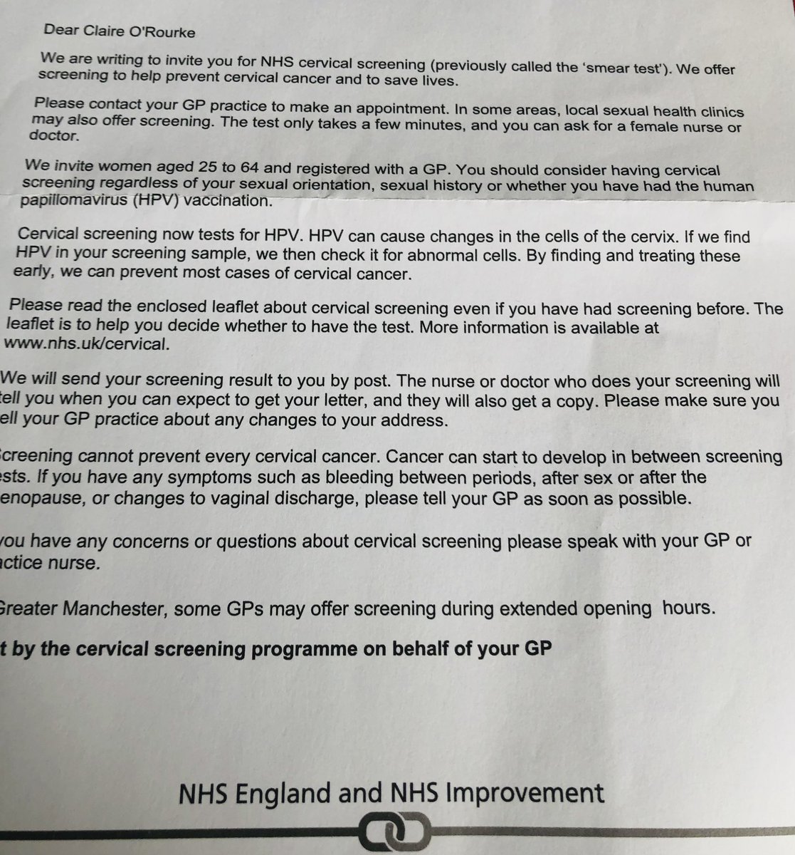 Claire O’Rourke 💙 🐝 🇮🇪 (@orourkeclaire1) on Twitter photo Going for your cervical screening is so important, we are all super busy with life & work, however I’ve just booked mine with my GP, going in 2 weeks. If you get your letter, get it booked, early diagnosis saves lives #cancerscreening #earlydiagnosis <a href="/GM_Cancer/">Greater Manchester Cancer Alliance</a> <a href="/NHSEngland/">NHS England</a> Going for your cervical screening is so important, we are all super busy with life & work, however I’ve just booked mine with my GP, going in 2 weeks. If you get your letter, get it booked, early diagnosis saves lives #cancerscreening #earlydiagnosis <a href="/GM_Cancer/">Greater Manchester Cancer Alliance</a> <a href="/NHSEngland/">NHS England</a>