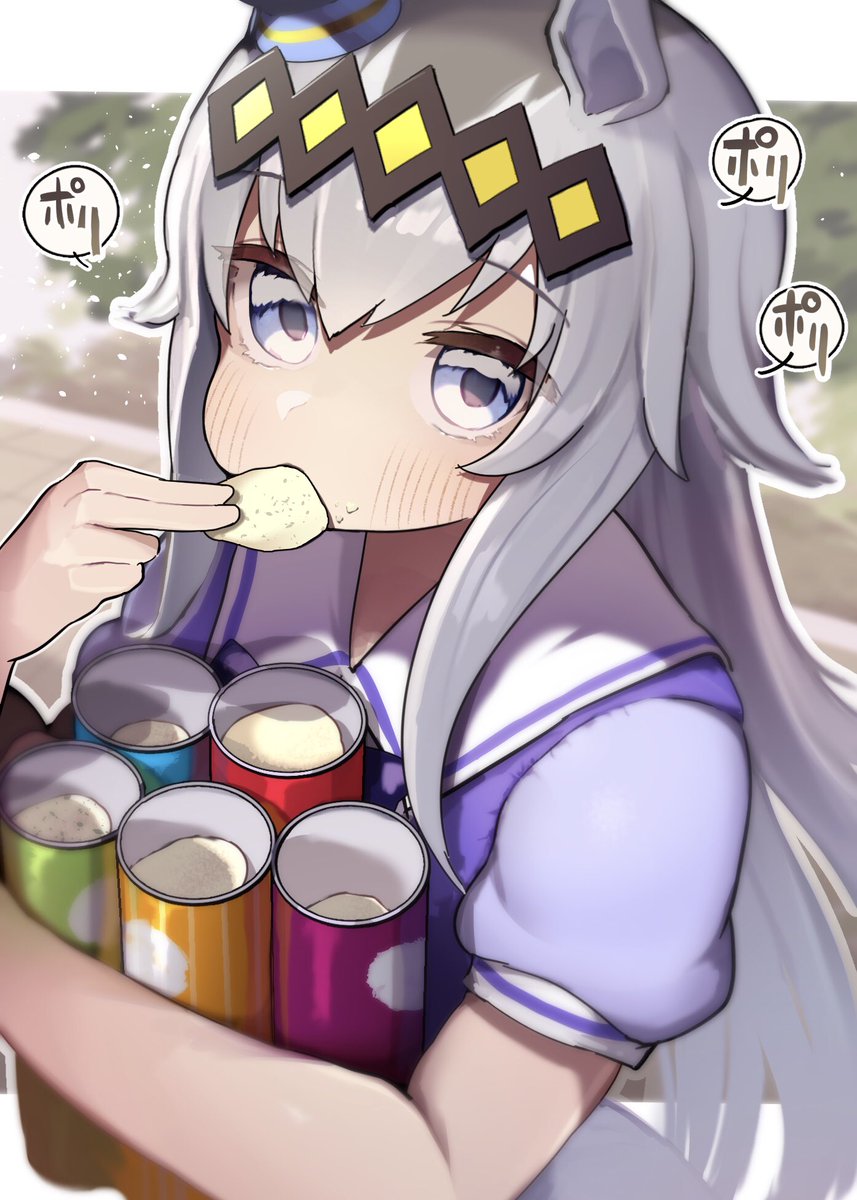 oguri cap (umamusume) 1girl horse ears animal ears solo grey hair food long hair  illustration images