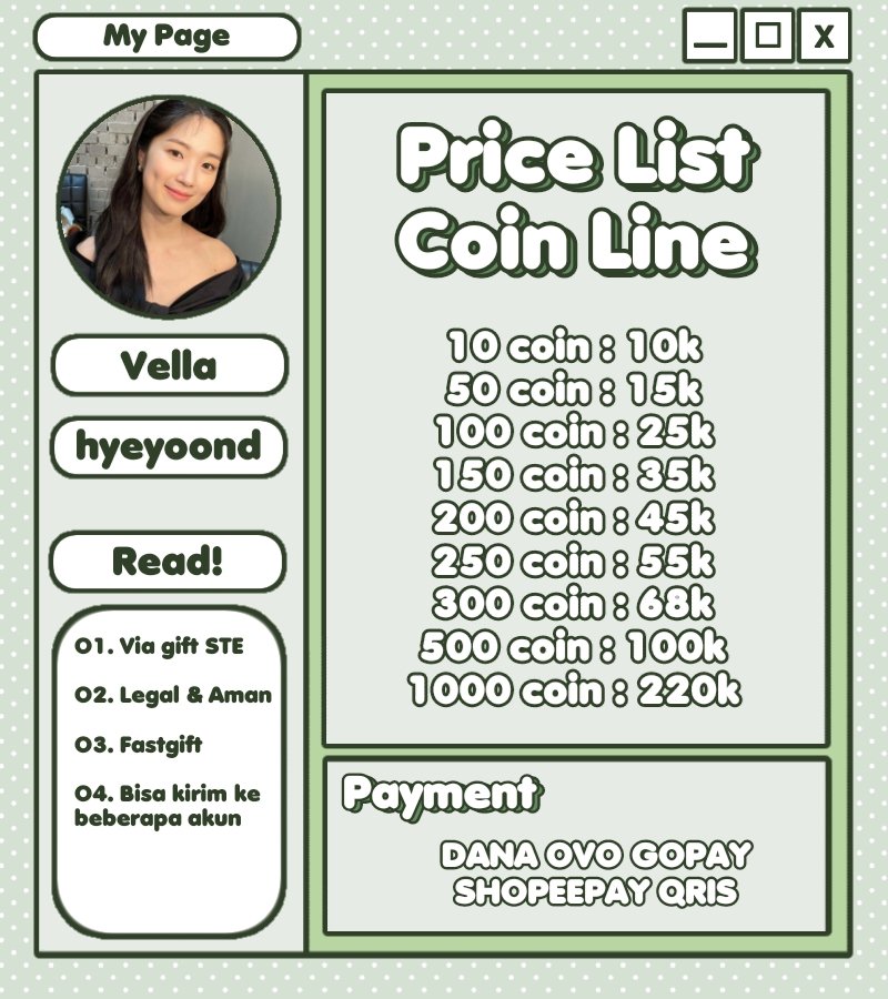 hyeyoond's tweet photo. Hai! Lagi butuh Coin Line legal? Aku Jual nih dijamin legal 100% dan aman tentunya😍 Via gift sticker/tema/emoji. Aku juga open untuk topup Coin langsung ke akun. Pricelist Coin line / topup Coin line bisa cek dibawah ini ya! :)
#zonauang #zonaba #zonajajan #zonaBU #coinline https://t.co/muDQBvoeET