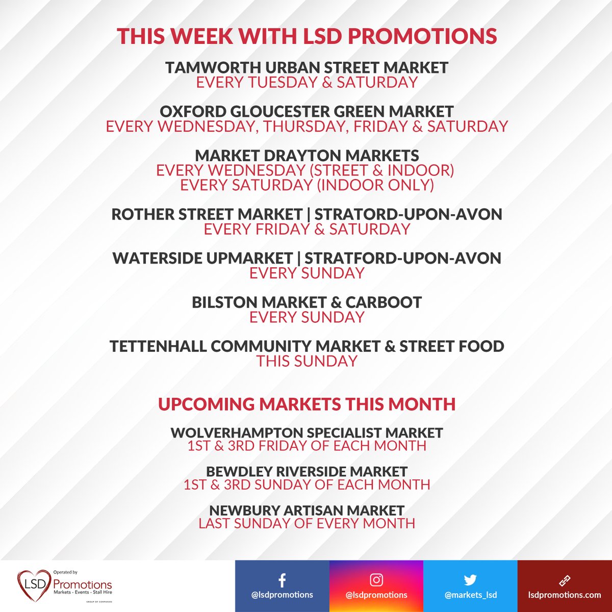 This weeks markets with @Markets_LSD 

#Tamworth #MarketDrayton #Oxford #RotherStreet #Stratforduponavon #Waterside #Bewdley #Newbury #Tettenhall #Bilston #Wolverhampton #nmtf #outdoorretail #outdoormarkets @marketsmatter