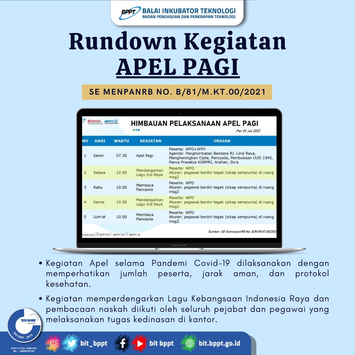 bit_bppt's tweet image. Apel Pagi
Puspiptek, 5 Juli 2021

Sesuai Surat Edaran Menpan RB No. B/81/M.KT.00/2021, Seluruh pegawai BPPT melaksanakan kegiatan Apel Pagi yang dilakukan pada kediaman dan tempat masing&quot;. 

#BPPT #bit_bppt #apelpagi #ASN