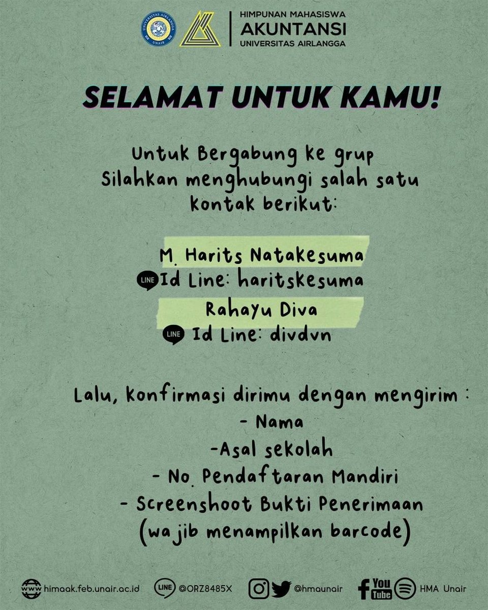 hmaunair's tweet photo. [SELAMAT DATANG MAHASISWA BARU TAHUN 2021 JURUSAN S1 AKUNTANSI UNIVERSITAS AIRLANGGA]

Selamat bagi seluruh peserta Mandiri yang sudah lolos dan diterima di jurusan S1 Akuntansi Universitas Airlangga!

#UniversitasAirlangga
#AkuntansiUniversitasAirlangga
#AKS1
#MANDIRIUNAIR2021 https://t.co/iQqxMZ4VQw