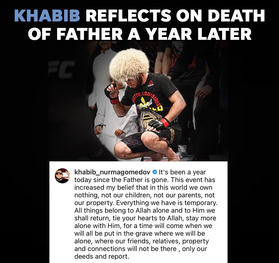 Khabib (<a href="/TeamKhabib/">khabib nurmagomedov</a>) posted a statement on the one-year anniversary of his father's passing. 🙏