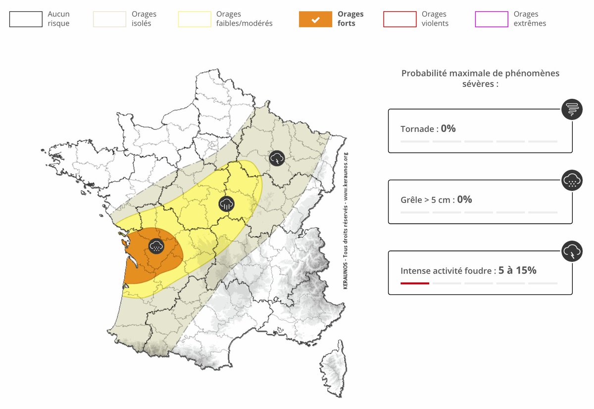 Une dégradation orageuse se met en place la nuit prochaine entre le sud-ouest et le nord-est du pays. Des cellules localement vigoureuses sont attendues sur le nord de l'#Aquitaine entre la fin de soirée et le milieu de nuit. Bulletin -&gt; 