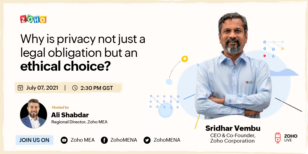 ZohoMENA's tweet image. In a data-driven world, customer information must be protected—No ifs, ands, or buts about it!

Catch @svembu, CEO, talking with @shabdar, Regional Director, MEA, on Zoho&apos;s data-privacy driven vision and customer-focused philosophy.

#zohomena #dataprivacy #datalaws