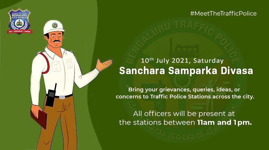 CPBlr's tweet photo. Since the lockdown restrictions have been eased, @BlrCityPolice invites you to the 'Sanchara Samparka Divasa' this Saturday (Jul 10) from 11 AM to 1 PM.

Only a limited no of people will be accommodated and all the #COVID19 protocols shall be observed.

See you this Saturday! https://t.co/4ai78ZAcjK