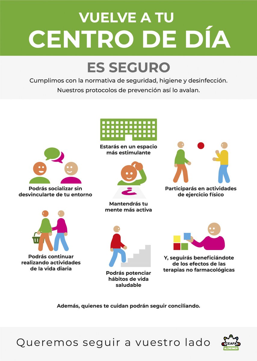 AlzheimerCeafa's tweet photo. Queremos seguir a vuestro lado, porque son muchas las ventajas que pueden ofrecerte los Centros de Día de las Asociaciones de Familiares de Personas con Alzheimer y otras demencias que forman parte de CEAFA. 
Vuelve a tu Centro de Día. Es seguro. Hazlo viral.

#Alzheimer https://t.co/AVO6NDakjK