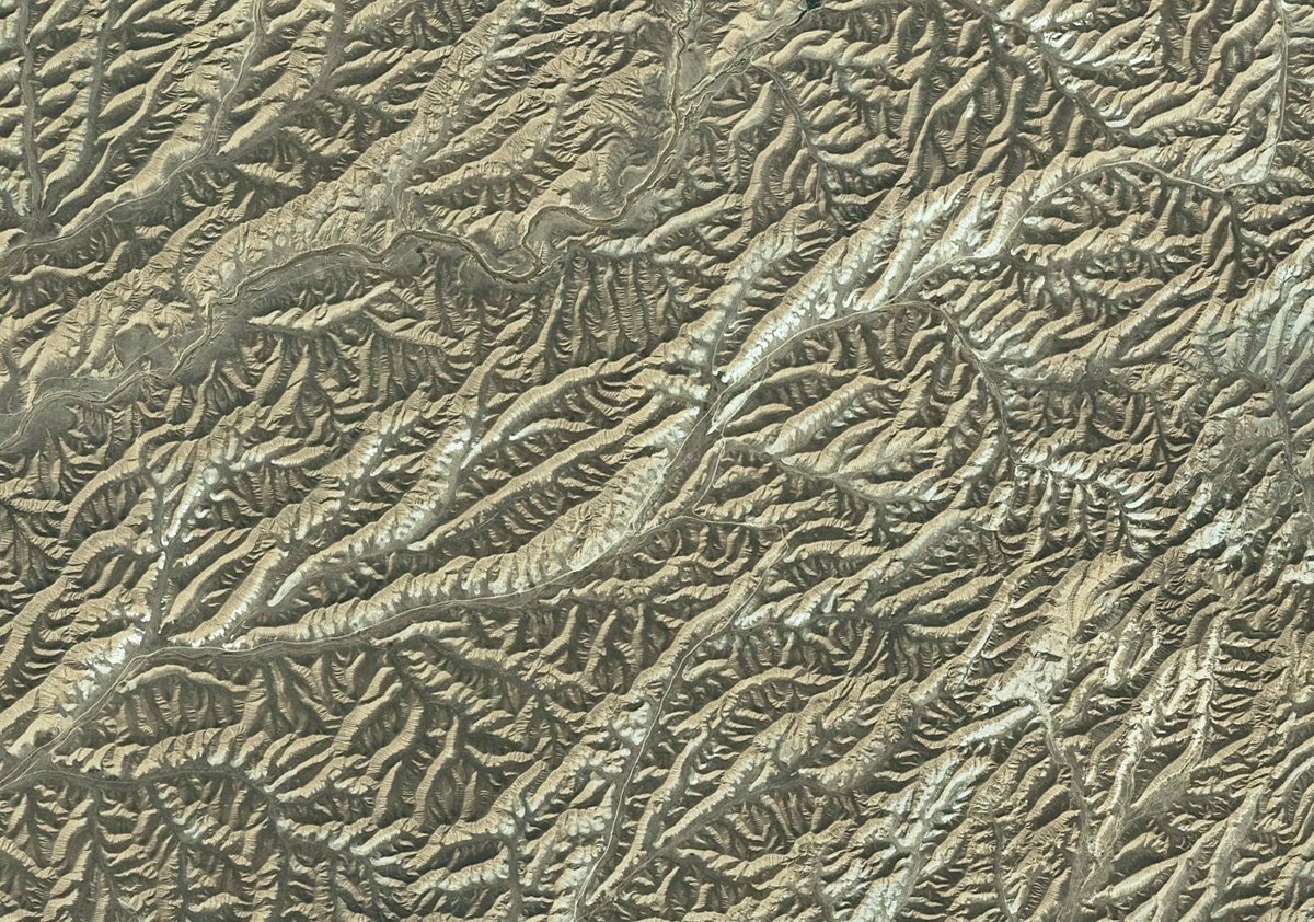 This looks like a numerical simulation of landscape evolution, but it's not.

38.483, 55.541
Western #Turkmenistan, east of the #CaspianSea

#GoogleEarth #EarthAsArt #geomorphology