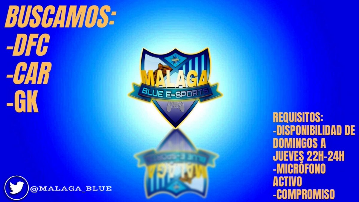 En Málaga Blue buscamos las siguientes posiciones:
-DFC con buen posicionamiento y bueno al corte
-CAR que defienda,que no haga como extremo
-GK bueno con los pies y con liderazgo 
¿Vas a perdertelo?
Ven y participa en 1A <a href="/VPG_Spain/">Virtual Pro Gaming España</a>  5A <a href="/VFOspain/">VFO España</a>  y diamante @VlsEsports