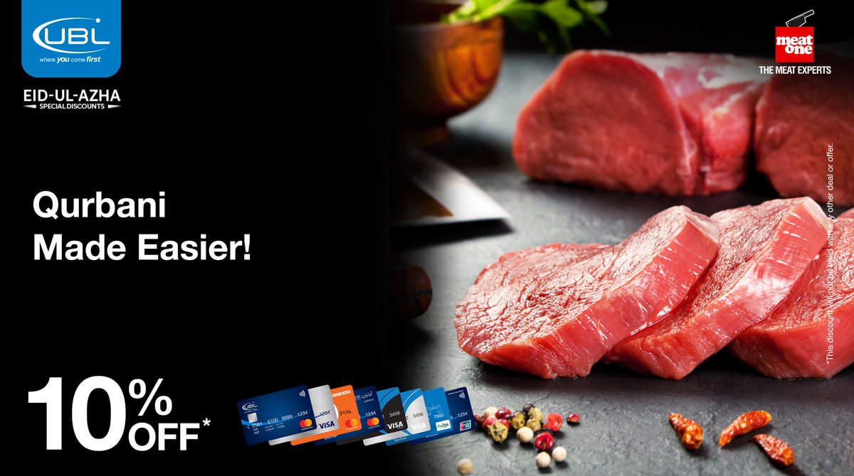 UBLDigital's tweet photo. Enjoy the spirit of Eid-ul-Azha this year with UBL by choosing Meat One for your Qurbani!
Use your UBL Card to avail an amazing discount of 10% for Qurbani and meat services at MeatOne.
Terms & Conditions Apply.
#UBL #UBLAlliances #UBLDiscounts #UBLCards #UBLDiscount #MeatOne https://t.co/fyFqcHsAon