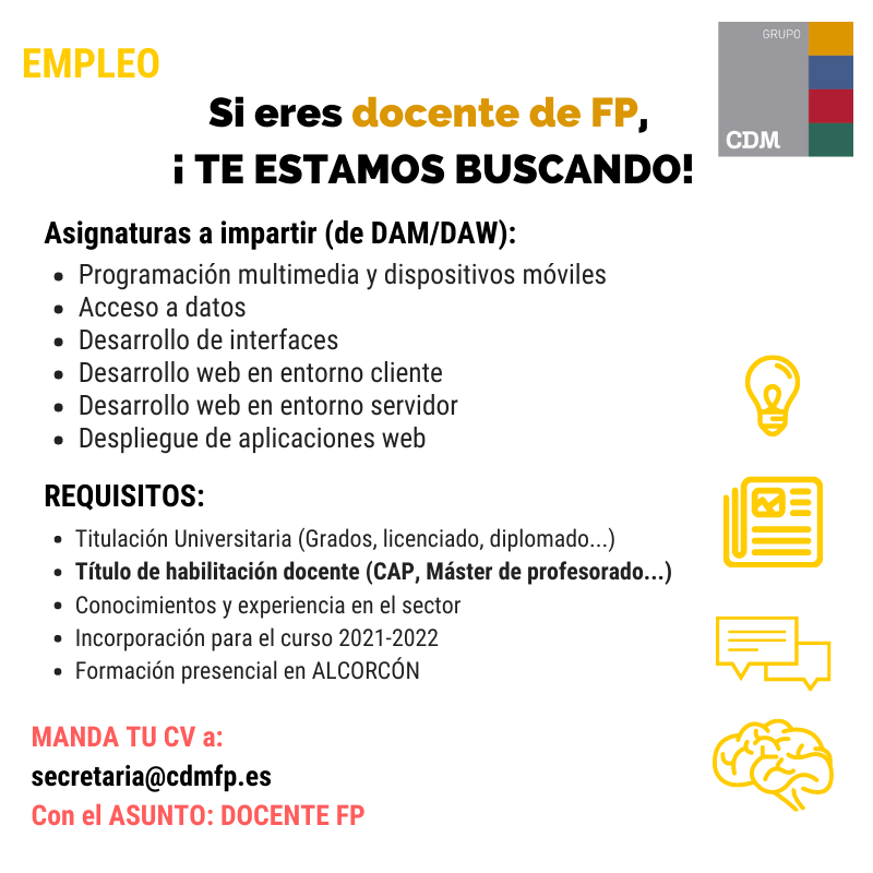 cdm_fp's tweet photo. Si estás capacitado/a como docente de Formación Profesional... ¡te queremos en nuestro equipo! 🥰

Envíanos tu CV a secretaria@cdmfp.es con el asunto DOCENTE FP.
Si no estás interesado/a, comparte este post y estarás fomentando el #empleo.
#fp #dam #daw #docente #alcorcón https://t.co/gsHDKrpvkD