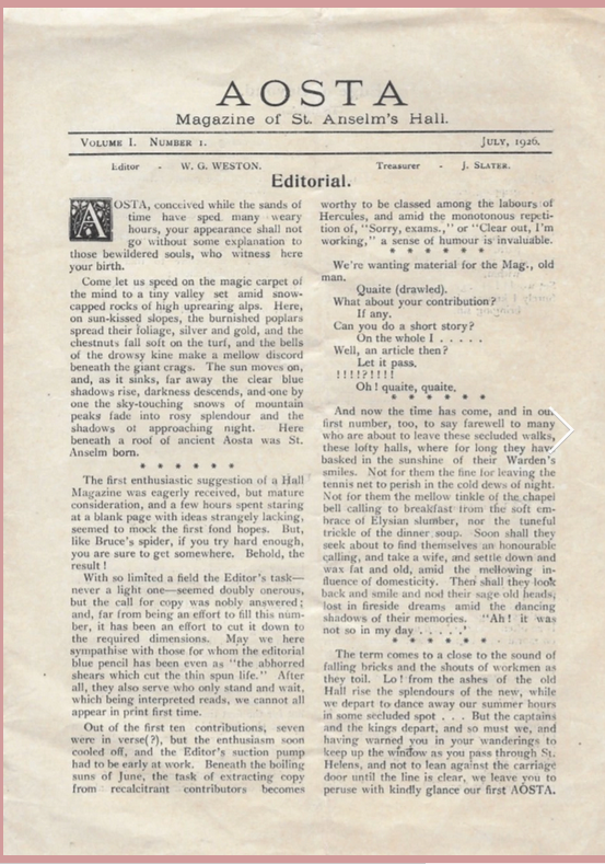 slemshistory's tweet photo. We're excited to announce the digitization of Aosta 1926 &amp; 1927. These never before seen magazines give a fascinating insight into hall life 100 years ago. Check them out at the link below 
https://t.co/VqMCJJi9V5

@St_Anselm_Hall @UoMCreativeMCR @UoMHeritage https://t.co/7IE9FjNmYy