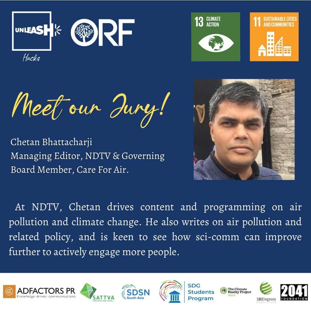 indiahacksdg13's tweet photo. Jury #2 | @CBhattacharji, Managing Editor @ndtv &amp; on Governing Board at Care For Air. He drives programming on air pollution &amp; climate change. APPLICATIONS OPEN TILL TONIGHT ➡️ https://t.co/6H3BXM4Y5G
@UNLEASHlab @orfonline @_sattva @AdfactorsPR @SdsnTeri @SDSNYouth  @tcrpindia https://t.co/uJArTsXj6O
