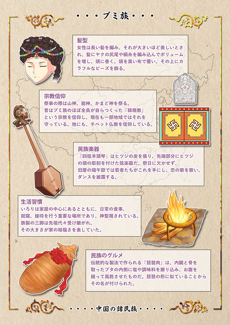中国漫画館 中国民族娘 第30弾はヤオ族です 髪飾りは布を重ねて高さ30センチになるものや 反り返った板をつけた角のようなものまでさまざま 女性が用いた表音文字 女書 は詩歌などを書くのに使われ その文化は今も保存されています